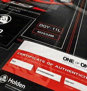 HOLDEN COMMODORE VF II MOTORSPORT EDITION Certificate of Authenticity