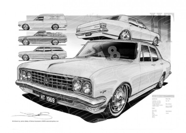 Holden Classic HT HOLDEN COMPILATION KASHMIR WHITE A3 FRAMED PRINT (HC183)