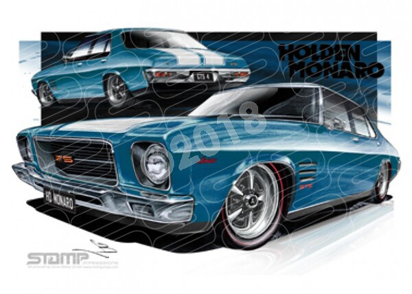 HOLDEN MONARO HQ GTS4 CYAN METALLIC WHITE STRIPES A3 FRAMED PRINT (HC252)