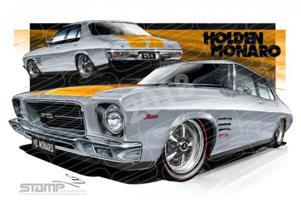 HOLDEN MONARO HQ GTS4 SABLE ORANGE STRIPES A3 FRAMED PRINT (HC258E)