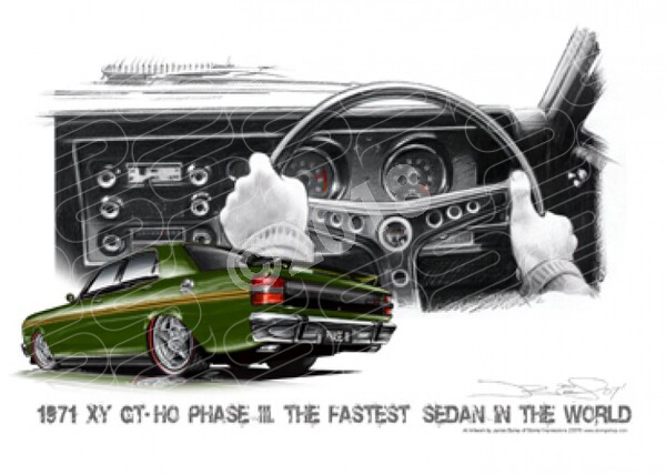 FORD XY GT FALCON DASH JEWEL GREEN GOLD STRIPE A3 FRAMED PRINT (FS013)