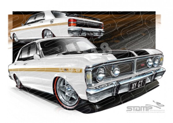 FORD XY GT FALCON ULTRA WHITE GOLD STRIPES A3 FRAMED PRINT (FT080A)