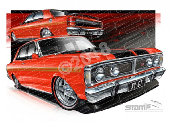 FORD XY GT FALCON VERMILLION FIRE GOLD STRIPES A3 FRAMED PRINT