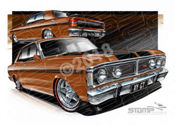 FORD XY GT FALCON NUGGET GOLD BLACK STRIPES A3 FRAMED PRINT (FT081E)