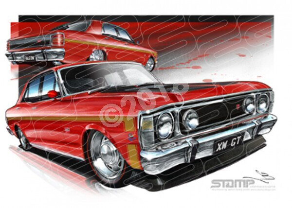 FORD XW GT FALCON TRACK RED GOLD STRIPES A3 FRAMED PRINT (FT072A)