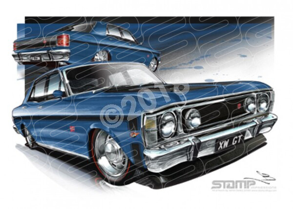 FORD XW GT FALCON STARLIGHT BLUE A3 FRAMED PRINT (FT072)