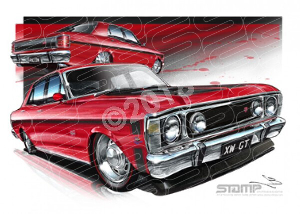 FORD XW GT FALCON CANDY APPLE RED BLACK STRIPES A3 FRAMED PRINT (FT072B)