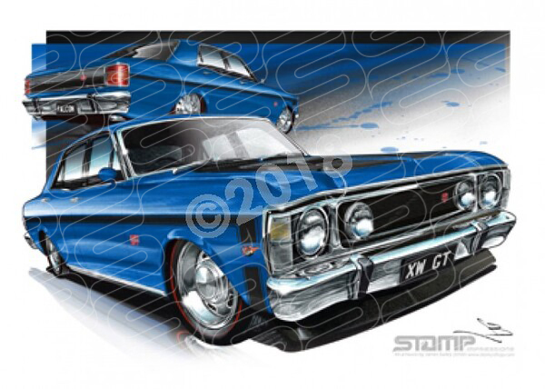 FORD XW GT FALCON ELECTRIC BLUE A3 FRAMED PRINT (FT072F)