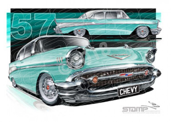 Classic 57CHEV 4DR TROPICAL TURQUOISE A3 FRAMED PRINT (C035)