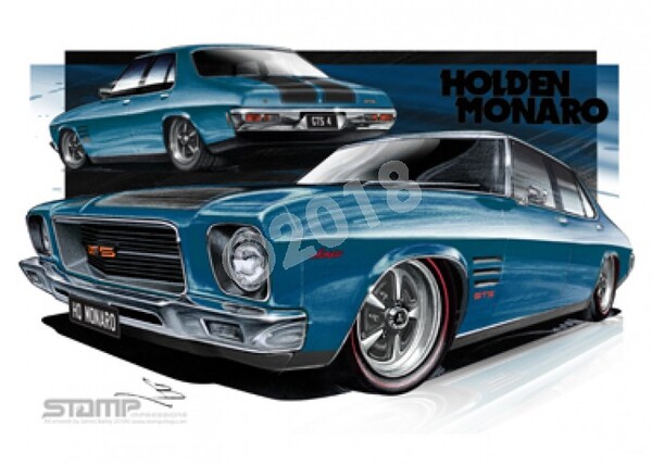 HOLDEN MONARO HQ GTS4 CYAN METALLIC BLACK STRIPES A3 FRAMED PRINT (HC252B)