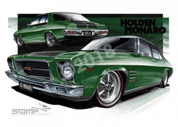 HOLDEN MONARO HQ GTS4 BALMORAL GREEN A3 FRAMED PRINT (HC258C)