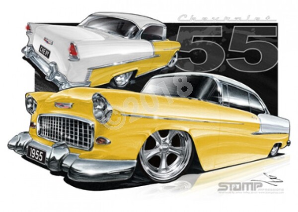 Classic 55 CHEVY HARVEST GOLD/IVORY A3 FRAMED PRINT (C002C)