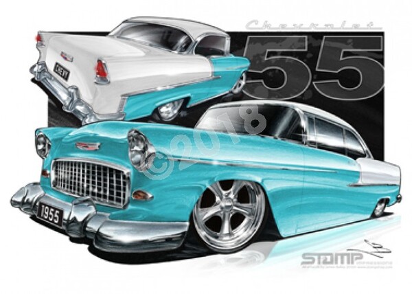 1955 CHEVY REGAL TURQUOISE/IVORY A3 FRAMED PRINT CHEVROLET CAR ART