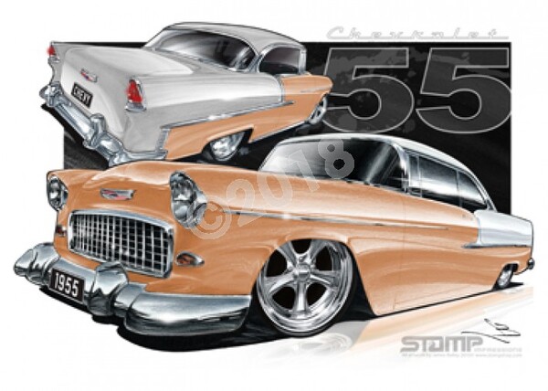 Classic 55 CHEVY ANNIVERSARY GOLD/IVORY A3 FRAMED PRINT (C002F)