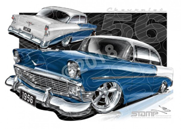 Classic 56 CHEVY IVORY/HARBOUR BLUE A3 FRAMED PRINT (C003D)