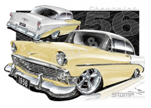 Classic 56 CHEVY IVORY/CROCUS YELLOW A3 FRAMED PRINT (C003I)