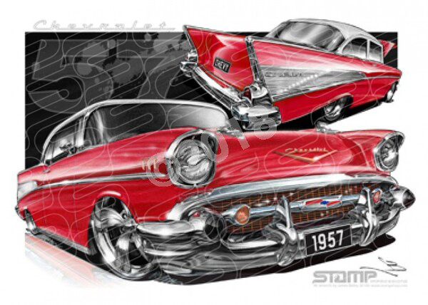 Classic 57 CHEVY MATADOR RED/WHITE ROOF A3 FRAMED PRINT (C004A)