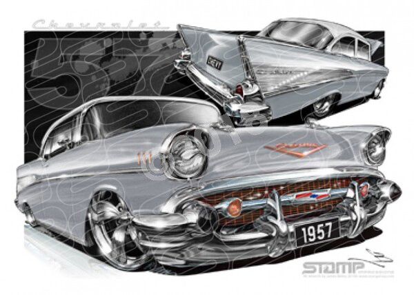 Classic 57 CHEVY INCA SILVER/IVORY ROOF A3 FRAMED PRINT (C004B)