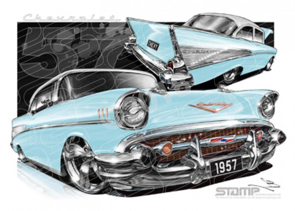 Classic 57 CHEVY LAKESPUR/IVORY ROOF A3 FRAMED PRINT (C004E)