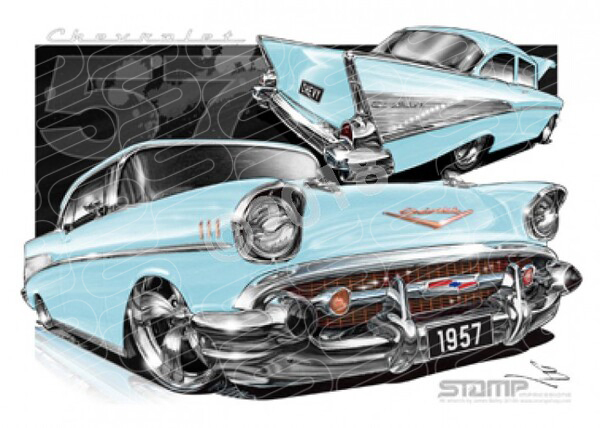 Classic 57 CHEVY LAKESPUR BLUE A3 FRAMED PRINT (C004F)