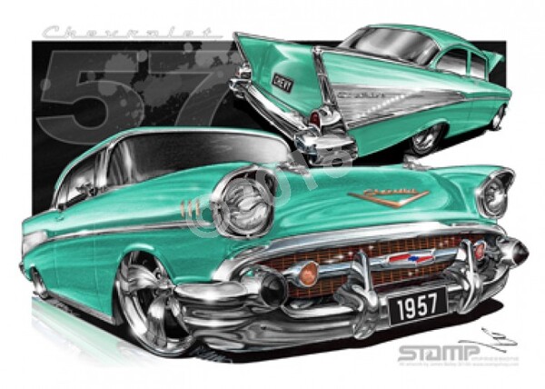 Classic 57 CHEVY TROPICA TURQUOISE A3 FRAMED PRINT (C004H)