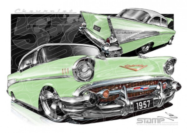 Classic 57 CHEVY SURF GREEN/IVORY ROOF A3 FRAMED PRINT (C004I)