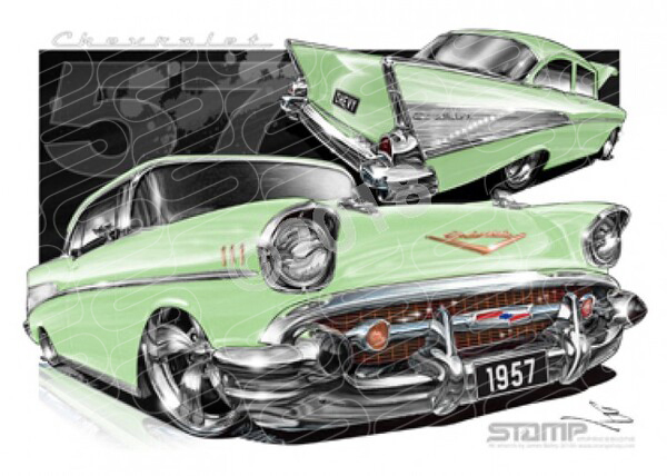 Classic 57 CHEVY SURF GREEN A3 FRAMED PRINT (C004J)