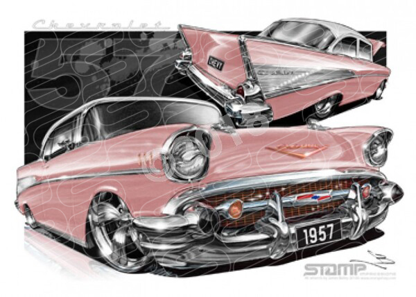 Classic 57 CHEVY CANYON CORAL/IVORY ROOF A3 FRAMED PRINT (C004N)
