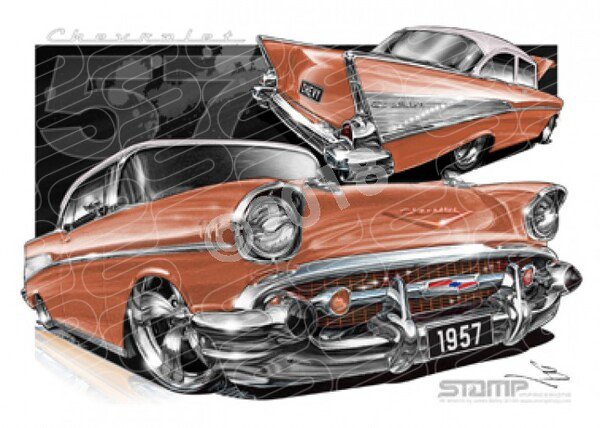 Classic 57 CHEVY SIERRA GOLD/BEIGE ROOF A3 FRAMED PRINT (C004P)