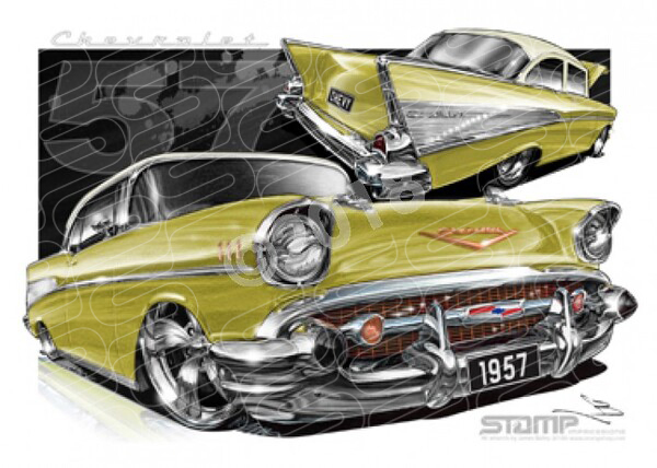 Classic 57 CHEVY LAUREL GREEN/COLONIAL ROOF A3 FRAMED PRINT (C004T)