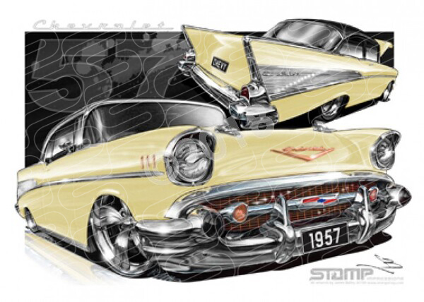 Classic 57 CHEVY COLONIAL CREAM/ONYX ROOF A3 FRAMED PRINT (C004W)