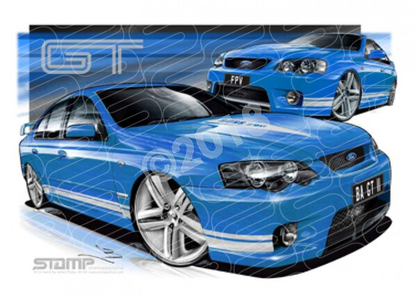 FPV BA GT BA GT MKII BLUE PRINT WHITE STRIPES A3 FRAMED PRINT (FV015D)