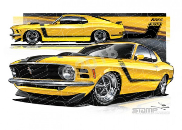Ford Mustang 1970 FORD BOSS 302 FASTBACK MUSTANG YELLOW A3 FRAMED PRINT (FT030B)