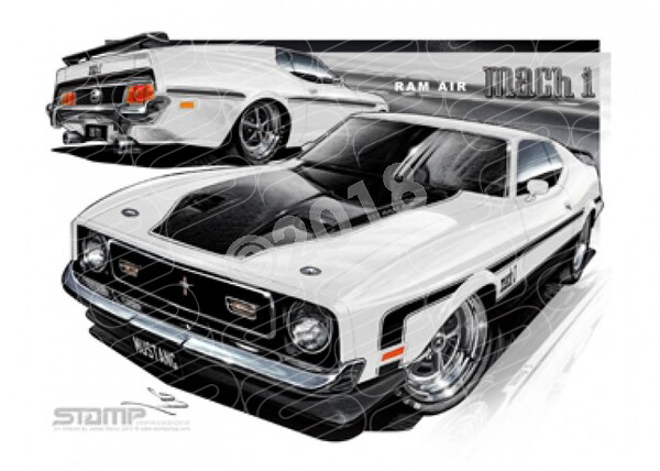 Ford Mustang 1971 FORD MACH 1 RAM AIR MUSTANG FASTBACK WHITE A3 FRAMED PRINT (FT037B)
