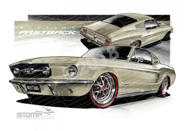 Ford Mustang 1967 1967 FORD MUSTANG FASTBACK LIME GOLD A3 FRAMED PRINT (FT049BR)