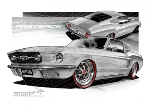 Ford Mustang 1967 1967 FORD MUSTANG FASTBACK SILVER FROST A3 FRAMED PRINT (FT049C)