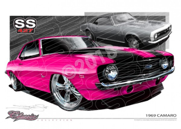 Classic CHEVROLET 1969 CAMARO MAGENTA A3 FRAMED PRINT (C013)