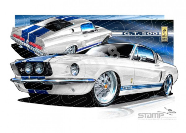 Ford Mustang 1967 FORD SHELBY GT500 FASTBACK WHITE/BLUE A3 FRAMED PRINT (FT005)
