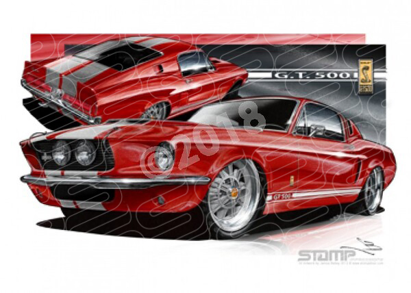Ford Mustang 1967 FORD SHELBY GT500 FASTBACK RED/WHITE A3 FRAMED PRINT (FT006)