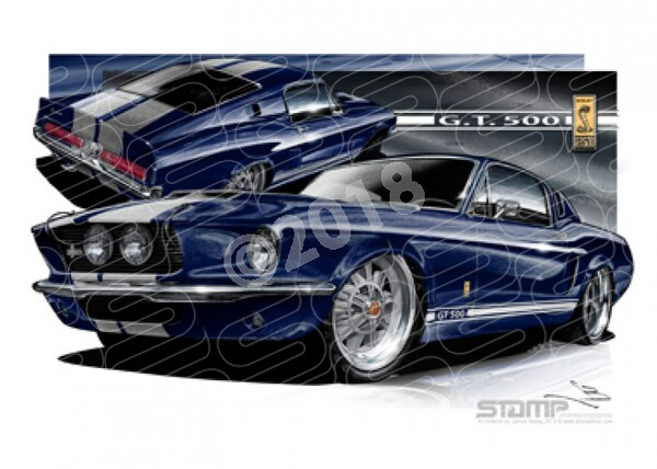 Ford Mustang 1967 FORD SHELBY GT500 FASTBACK BLUE/WHITE A3 FRAMED PRINT (FT007)