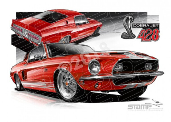 Ford Mustang 1968 FORD SHELBY GT 500KR FASTBACK RED A3 FRAMED PRINT (FT011)