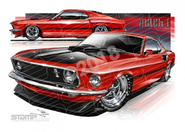 Ford Mustang 1969 FORD MACH 1 FASTBACK RED A3 FRAMED PRINT (FT017)