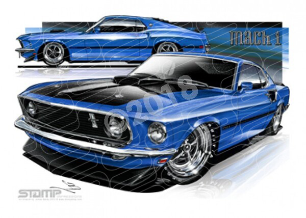 Ford Mustang 1969 FORD MACH 1 FASTBACK BLUE A3 FRAMED PRINT (FT018)