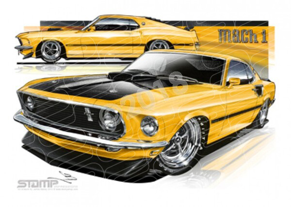 Ford Mustang 1969 FORD MACH 1 FASTBACK YELLOW A3 FRAMED PRINT (FT019)
