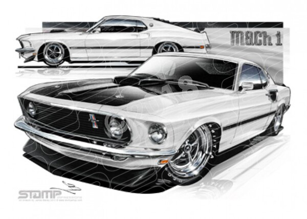Ford Mustang 1969 FORD MACH 1 FASTBACK WHITE A3 FRAMED PRINT (FT020)