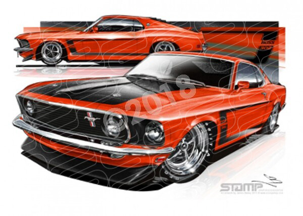 Ford Mustang  1969 FORD BOSS MUSTANG FASTBACK RED A3 FRAMED PRINT (FT022)