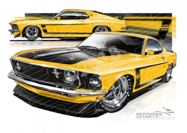 Ford Mustang  1969 FORD BOSS MUSTANG FASTBACK YELLOW A3 FRAMED PRINT (FT023)