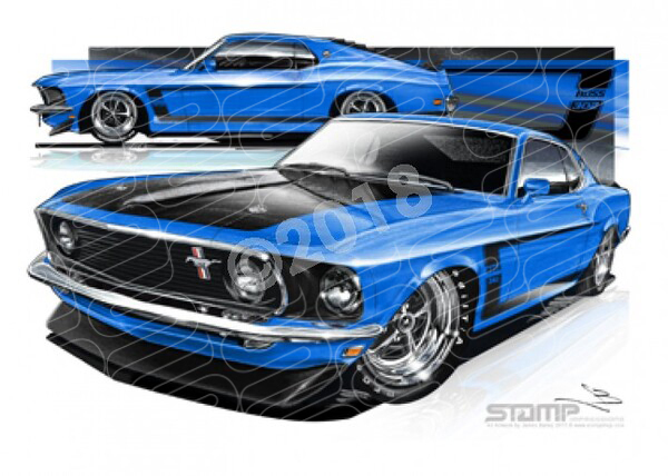 Ford Mustang 1969 FORD BOSS MUSTANG FASTBACK BLUE A3 FRAMED PRINT (FT024)