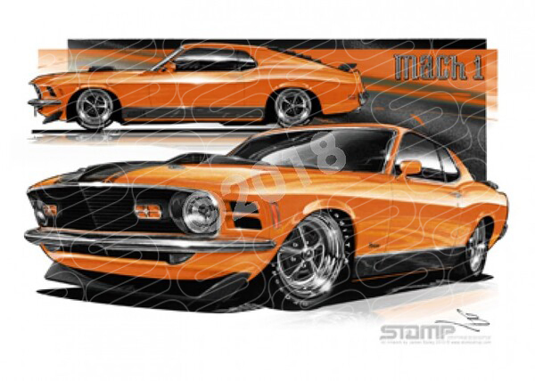 Ford Mustang 1970 FORD MACH 1 FASTBACK MUSTANG ORANGE A3 FRAMED PRINT (FT025)