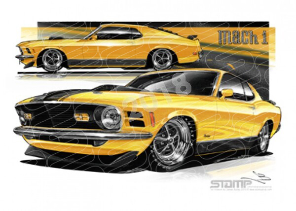 Ford Mustang 1970 FORD MACH 1 FASTBACK MUSTANG YELLOW A3 FRAMED PRINT (FT026)